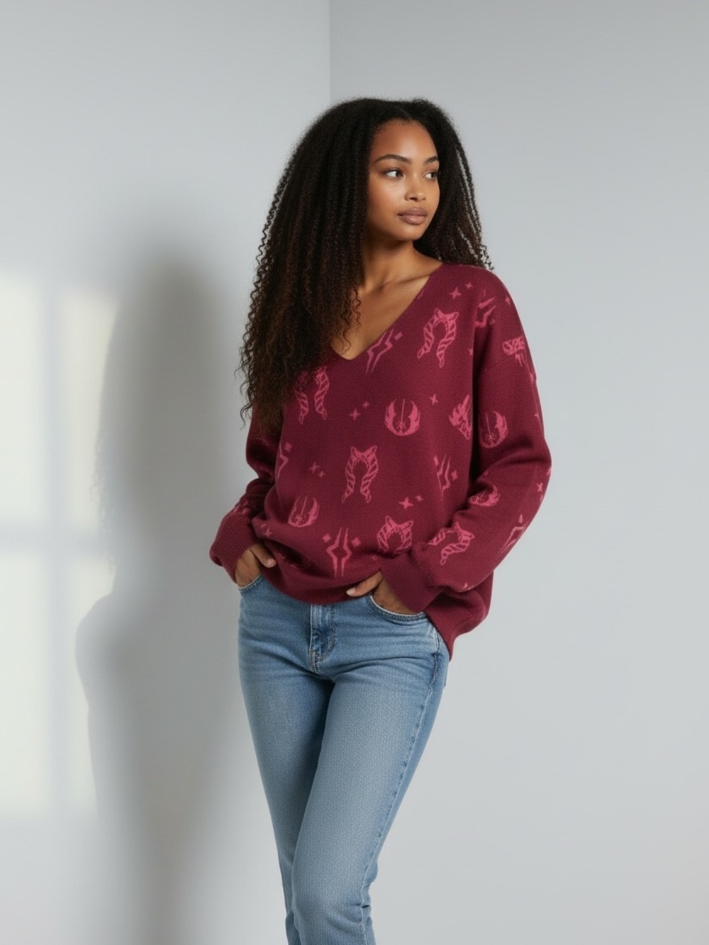 NWT Ahsoka Tano Star Wars V-Neck Sweater Women’s Medium Burgundy Pink